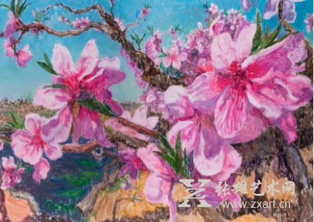 周春芽，《桃花园》（局部），2015年。三联布面油画；250 x 600cm （图片版权：周春芽）