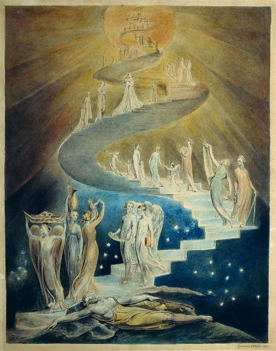 布莱克：《雅各布之梦》（Jacob‘sDream，1805）  《雅各布之梦》也叫《雅各布天梯》（Jacob‘s Ladder）。