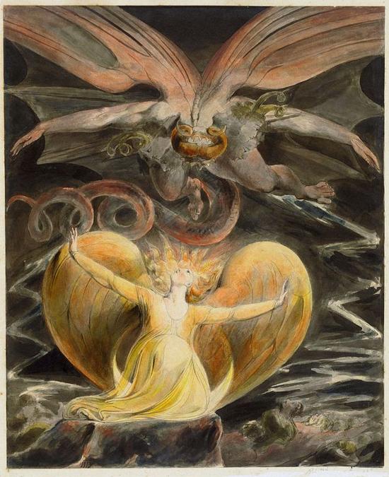 布莱克：《伟大的红龙和身披太阳的女人》（The Great Red Dragon and the WomanClothed with Sun，1805）